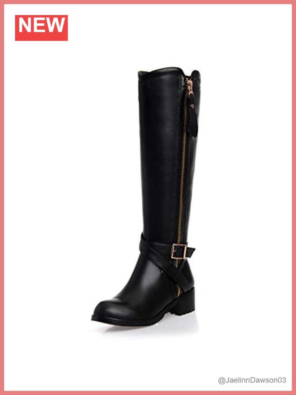 Genuine Leather Handmade Round Toe Side Zip Low Chunky Heel Knee High Boots